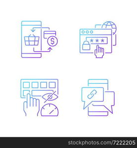 Dealing with digital technology gradient linear vector icons set. Personal security. Contactless payment. Blind typing. Thin line contour symbols bundle. Isolated outline illustrations collection. Dealing with digital technology gradient linear vector icons set