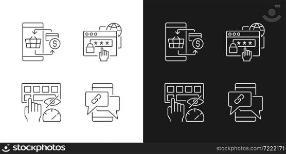 Dealing with digital technology linear icons set for dark and light mode. Personal security. Contactless payment. Customizable thin line symbols. Isolated vector outline illustrations. Editable stroke. Dealing with digital technology linear icons set for dark and light mode