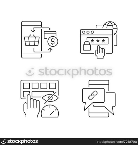 Dealing with digital technology linear icons set. Personal security. Contactless payment. Blind typing. Customizable thin line contour symbols. Isolated vector outline illustrations. Editable stroke. Dealing with digital technology linear icons set