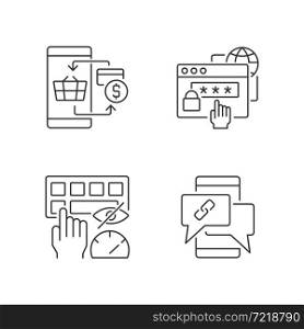 Dealing with digital technology linear icons set. Personal security. Contactless payment. Blind typing. Customizable thin line contour symbols. Isolated vector outline illustrations. Editable stroke. Dealing with digital technology linear icons set