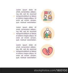 Dealing with family stress concept line icons with text. PPT page vector template with copy space. Brochure, magazine, newsletter design element. Marriage crisis linear illustrations on white. Dealing with family stress concept line icons with text