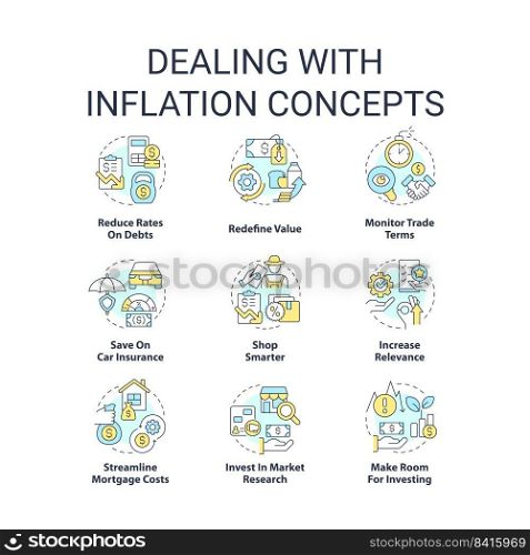 Dealing with inflation concept icons set. Rising prices. Interest rates. Economics idea thin line color illustrations. Isolated symbols. Editable stroke. Roboto-Medium, Myriad Pro-Bold fonts used. Dealing with inflation concept icons set