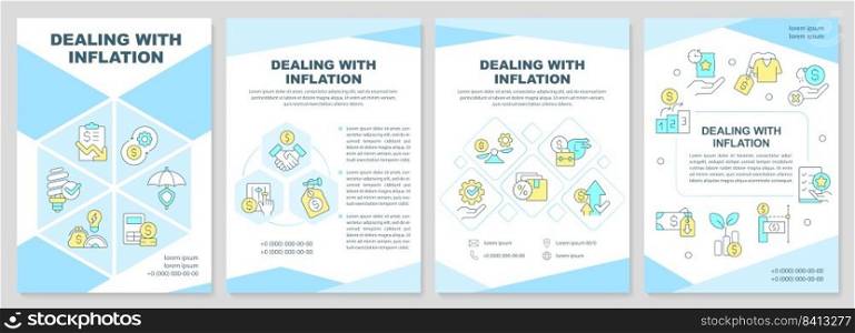 Dealing with inflation turquoise brochure template. Leaflet design with linear icons. Editable 4 vector layouts for presentation, annual reports. Arial-Black, Myriad Pro-Regular fonts used. Dealing with inflation turquoise brochure template