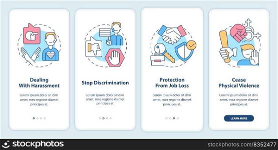 Dealing with lgbt issues onboarding mobile app screen. Walkthrough 4 steps editable graphic instructions with linear concepts. UI, UX, GUI template. Myriad Pro-Bold, Regular fonts used. Dealing with lgbt issues onboarding mobile app screen