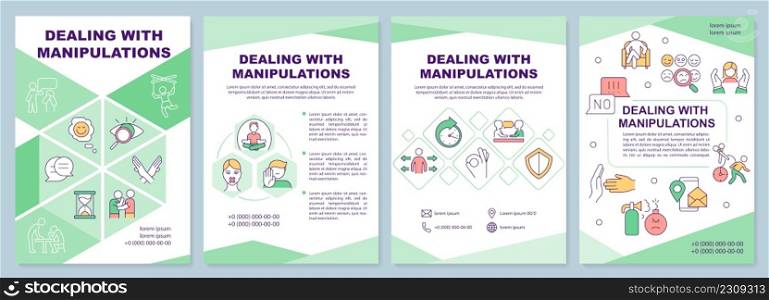 Dealing with manipulations green brochure template. Being aware. Leaflet design with linear icons. 4 vector layouts for presentation, annual reports. Arial-Black, Myriad Pro-Regular fonts used. Dealing with manipulations green brochure template