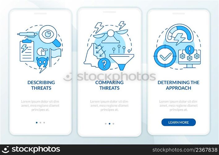 Dealing with national security threats blue onboarding mobile app screen. Walkthrough 3 steps graphic instructions pages with linear concepts. UI, UX, GUI template. Myriad Pro-Bold, Regular fonts used. Dealing with national security threats blue onboarding mobile app screen