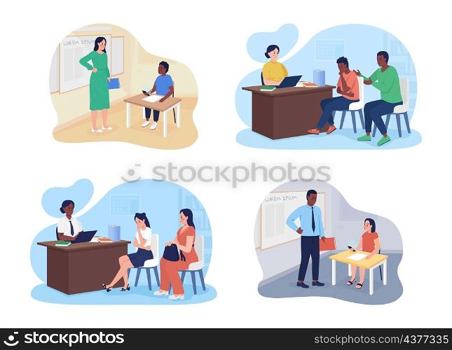 Dealing with smartphones with classroom 2D vector isolated illustrations set. Worried parents and teachers flat characters on cartoon background. Visit to principal office colourful scenes collection. Dealing with smartphones with classroom 2D vector isolated illustrations set