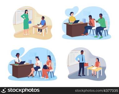 Dealing with smartphones with classroom 2D vector isolated illustrations set. Worried parents and teachers flat characters on cartoon background. Visit to principal office colourful scenes collection. Dealing with smartphones with classroom 2D vector isolated illustrations set