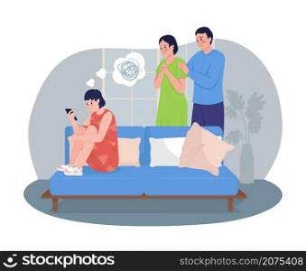 Dealing with teenager depression 2D vector isolated illustration. Disturbed parents looking at sad daughter flat characters on cartoon background. Child mental health colourful scene. Dealing with teenager depression 2D vector isolated illustration