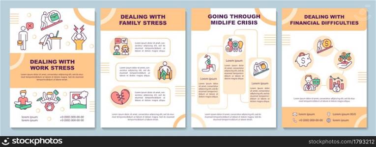 Dealing with work stress brochure template. Burnout. Flyer, booklet, leaflet print, cover design with linear icons. Vector layouts for presentation, annual reports, advertisement pages. Dealing with work stress brochure template