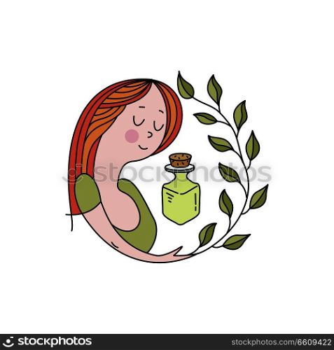 Dear woman, a jar of aromatic oil and a sprig of plants. Natural cosmetics, aromatic oils. Healthy lifestyle. Environmentally friendly bio cosmetics. Vector emblem.. Woman and natural cosmetics. Environmentally friendly bioproduct. Cosmetic oil. Vector emblem.