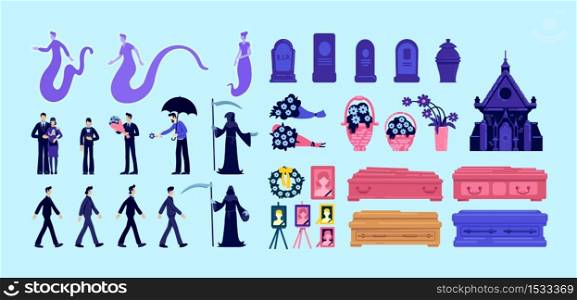 Death and funeral flat color vector objects set. Ghosts and people in grief. Coffins and flower bouquets. Cemetery crypt and headstones 2D isolated cartoon illustrations on blue background. Death and funeral flat color vector objects set