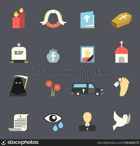 Death and mourning for deceased ritual church funeral ceremony tombstone candles flat icons set vector isolated illustration