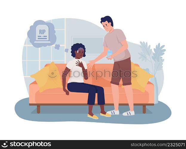 Death anxiety 2D vector isolated illustration. Woman had panic attack flat characters on cartoon background. Man reassures colourful scene for mobile, website, presentation. Bebas Neue font used. Death anxiety 2D vector isolated illustration
