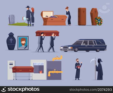 Death ceremony. Burial dying people big loss psychology problems cemetery rip tomb grave exact vector cartoon illustrations collection. Burial and funeral, death ceremony mourning. Death ceremony. Burial dying people big loss psychology problems cemetery rip tomb grave exact vector cartoon illustrations collection