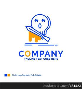 Death, frag, game, kill, sword Blue Yellow Business Logo template. Creative Design Template Place for Tagline.
