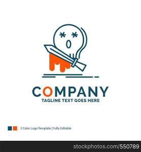 Death, frag, game, kill, sword Logo Design. Blue and Orange Brand Name Design. Place for Tagline. Business Logo template.