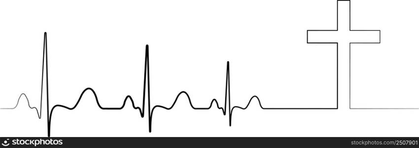Death icon symbol, cardiac arrest, cardiogram with cross