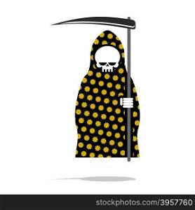Death in black Pajamas with yellow flowers. Grim Reaper in hood and oblique. Halloween character death.