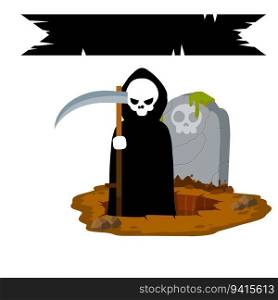 Death in cemetery. Scary character with scythe. Ghost at stone tombstone. Grave and funeral. Gravestone on ground. Halloween element. Flat concept. Death in cemetery. Scary character