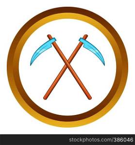 Death scythe vector icon in golden circle, cartoon style isolated on white background. Death scythe vector icon