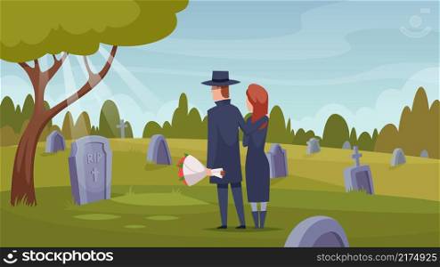 Death services. Ritual ceremony after dying loss crying persons rip grave coffin selection exact vector cartoon background. Ritual ceremony and funeral graveyard, grief and memory illustration. Death services. Ritual ceremony after dying loss crying persons rip grave coffin selection exact vector cartoon background