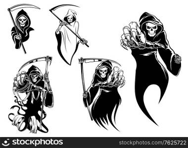 Death skeleton characters with and without scythe, suitable for Halloween and tattoo design