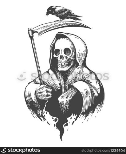 Death Skull in a Hood with Scythe and Crow tattoo. Vector illustration.