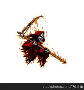 Death with scythe. Halloween horror character, scary Grim Reaper sticker, isolated vector spooky death skeleton with saliva on sharp teeth, wearing flaming red fire cape and holding scythe. Death Grim Reaper isolated character with scythe