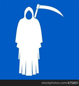 Death with scythe icon white isolated on blue background vector illustration. Death with scythe icon white
