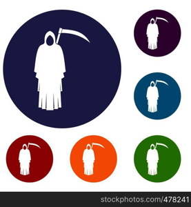 Death with scythe icons set in flat circle red, blue and green color for web. Death with scythe icons set