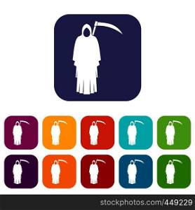 Death with scythe icons set vector illustration in flat style In colors red, blue, green and other. Death with scythe icons set flat