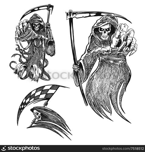 Death with scythe pencil sketch. Halloween vector icon. Gothic mortal character sketching for tattoo, decoration. Death with scythe pencil sketch