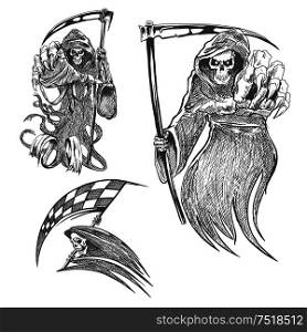 Death with scythe pencil sketch. Halloween vector icon. Gothic mortal character sketching for tattoo, decoration. Death with scythe pencil sketch
