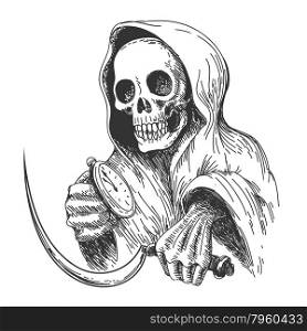 Death with sickle and pocket watch. Ink drawing style. Isolated on white.