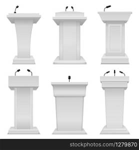 Debate podium. Empty tribune for speaker, election white stand with microphone, public presentation politic pedestal 3d realistic isolated vector set. Debate podium. Empty tribune for speaker, election white stand with microphone, public politic pedestal 3d realistic isolated vector set