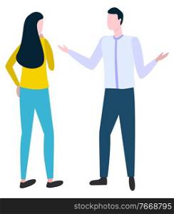 Debating man and woman arguing about something, isolated cartoon style people in quarrel. Vector disputing man and woman discussing brokers sales. Debating Man Woman Arguing About Brokers Aspects