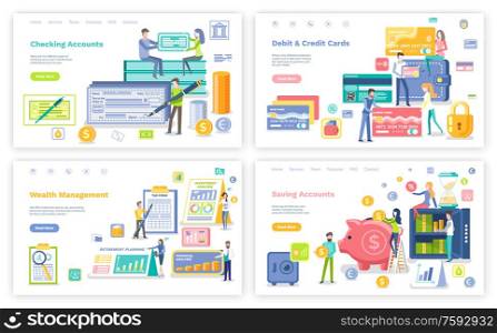 Debit and credit card vector, banking system for users. Pig with money and gold coins of dollar, smart planning with calendars and dates set. Website or webpage template, landing page flat style. Debit and Credit Card, Management and Organization
