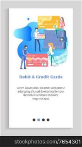 Debit and credit card vector, man and woman with plastic object and info about holder, people using banking system, abstract design and text. Website or app slider template, landing page flat style. Debit and Credit Cards of People Using Banking