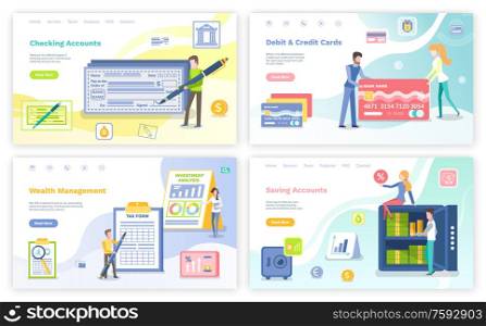 Debit and credit cards vector, people with banking systems, planning and investment, woman sitting on stringbox with cash in banknotes coins. Website or webpage template, landing page flat style. Debit and Credit Cards, Checking Accounts Web