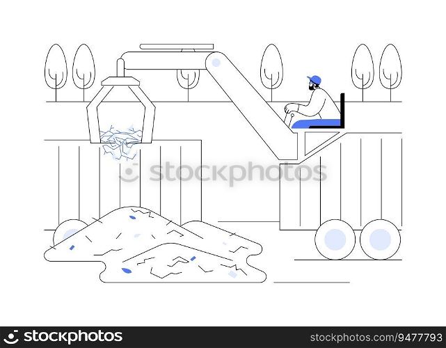 Debris cleanup abstract concept vector illustration. Worker sitting in wood transport deals with debris cleanup, raw materials industry, garbage collection, waste management abstract metaphor.. Debris cleanup abstract concept vector illustration.