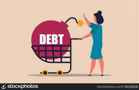 Debt bomb with woman and mortgage buy. Business cart and failure management tax vector illustration concept. Credit risk money and bankrupt loan. Payment problem finance and investment currency