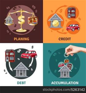 Debt Credit Concept 4 Flat Icons . Debit credit balances bookkeeping budget planning concept 4 flat infographic elements icons square composition isolated vector illustration
