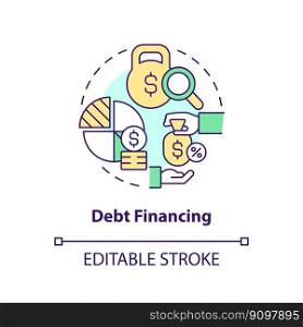 Debt financing concept icon. Financial payment. IT fundraising tip abstract idea thin line illustration. Isolated outline drawing. Editable stroke. Arial, Myriad Pro-Bold fonts used. Debt financing concept icon