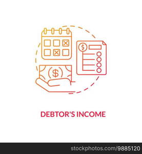 Debtor income red gradient concept icon. Monthly credit repayment. Borrower budget. Debtor accounting. Bankruptcy idea thin line illustration. Vector isolated outline RGB color drawing. Debtor income red gradient concept icon