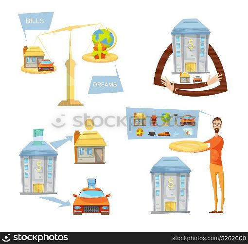 Debts And Dreams Concept. Debt concept with isolated conceptual images of scales banking house icons thought bubbles and male character vector illustration