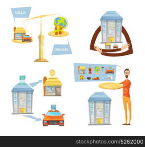 Debts And Dreams Concept. Debt concept with isolated conceptual images of scales banking house icons thought bubbles and male character vector illustration