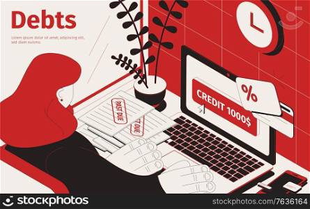Debts isometric composition with women in front of open notebook vector illustration. Debts isometric composition