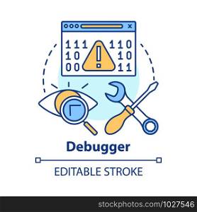 Debugger concept icon. Debugging tool. Testing and setting software. Computer program development. Code error checking idea thin line illustration. Vector isolated outline drawing. Editable stroke