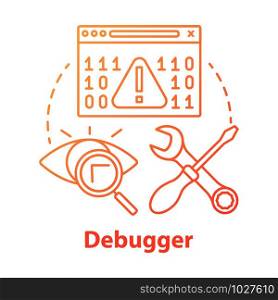 Debugger concept icon. Debugging tool. Testing and setting software. Computer program development. Code error checking idea thin line illustration. Vector isolated outline drawing